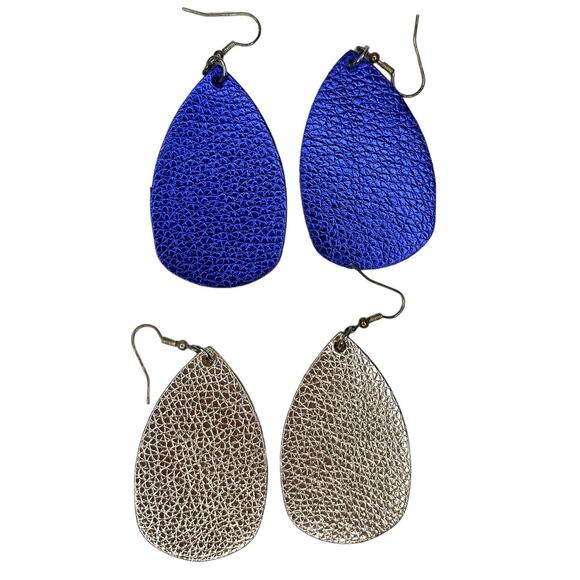 Metallic Faux Leather Teardrop Earrings Blue and Champagne Gold Set of Two - Picture 2 of 5